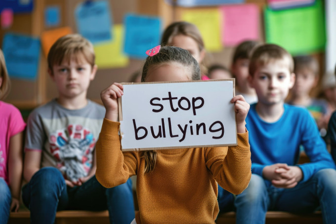 いじめ防止の看板を持つマレーシアのインターナショナルスクールに通う子ども