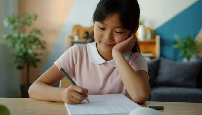 英語で自分の考えを書いて伝えられるようになった子どもが世界とつながることを夢見ているイメージ