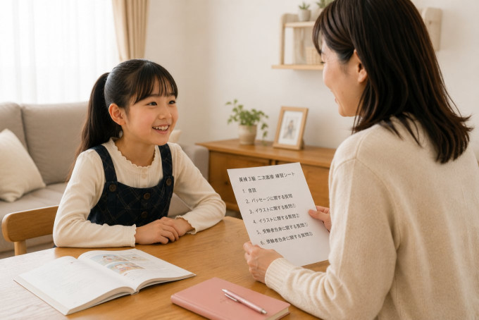 保護者が面接官役になって英検3級二次試験の家庭練習をしている様子