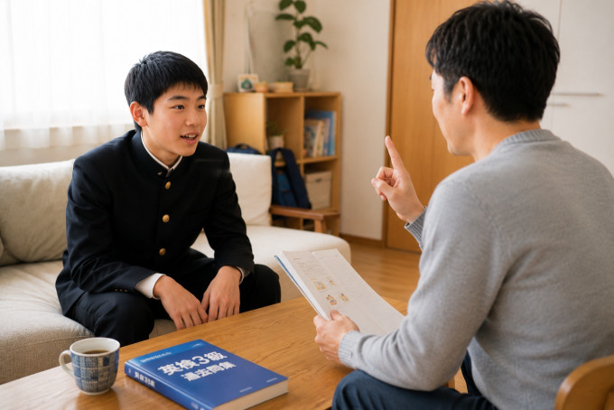 英検3級の二次面接練習中の中学生男子と父親