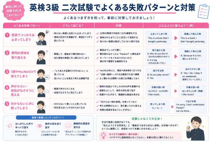 英検3級二次試験でよくある失敗パターンと対策を解説するイメージ