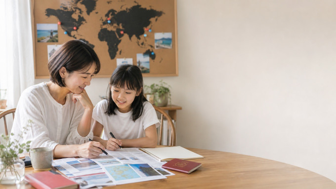英語サマースクール2026を比較検討する親子。親子留学、小学生単身留学、国内英語サマーキャンプの選択肢を5月後半〜6月に確認している様子。