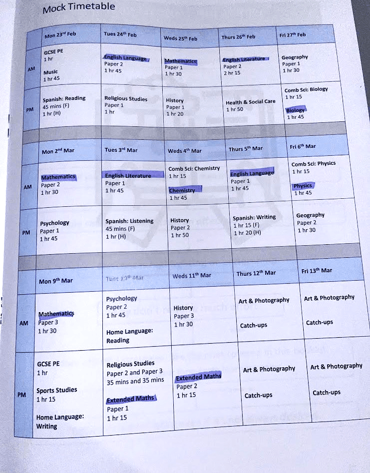 英国のGCSE本番に向けて実施されるMock(模擬試験)の1週間タイムスケジュール・時間割