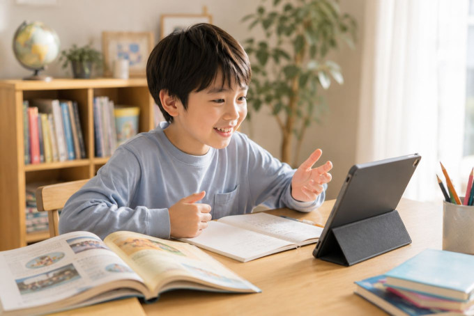 自宅でタブレットを使い、オンライン英会話で講師と話す小学生