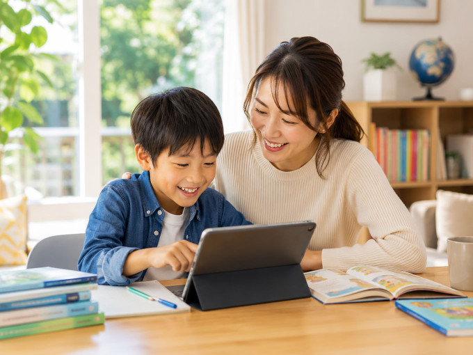 母親と一緒にタブレットで英語を学ぶ小学生