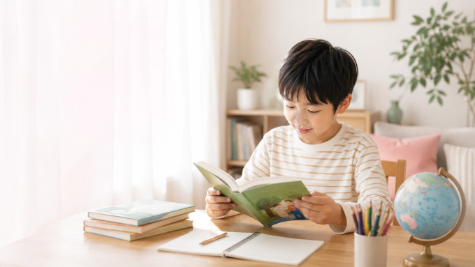 自宅で英語の本を読む小学生の男の子