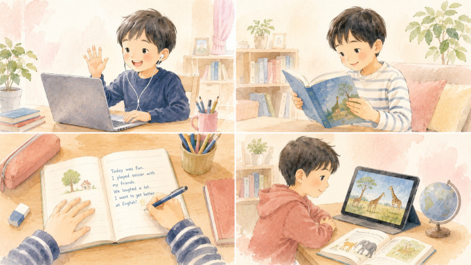 オンライン英会話、英語読書、日記、動画学習に取り組む小学生の4場面