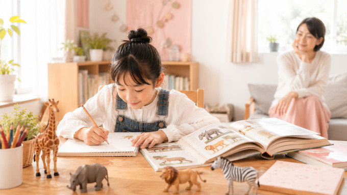 動物図鑑とフィギュアを使って学ぶ小学生を母親が見守る様子