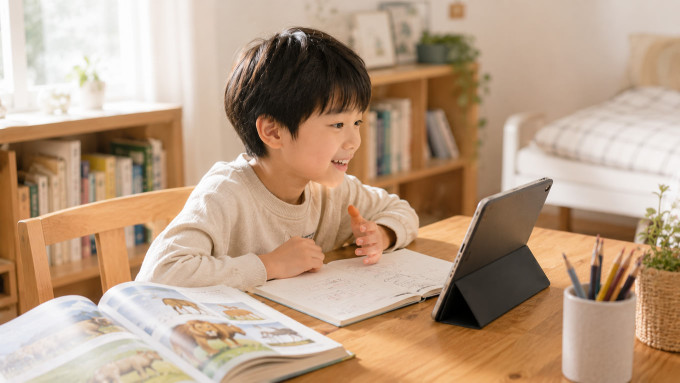 自宅でタブレットを使ったオンライン英会話に取り組む小学生