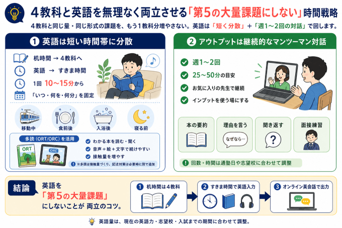 中学受験の4教科と英語を両立する時間戦略と、すきま時間の多読・オンライン英会話活用を図解したイメージ