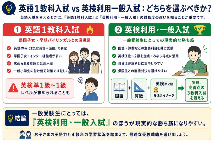 中学受験の英語1教科入試と英検利用一般入試の比較および他教科と両立する宿題ゼロ学習戦略の解説図